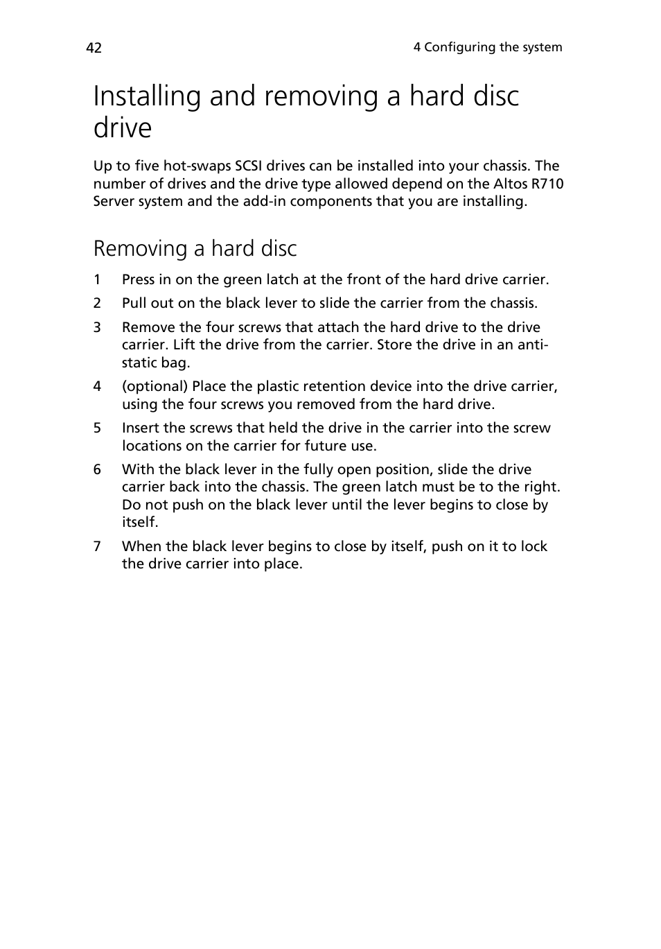 Installing and removing a hard disc drive, Removing a hard disc | Acer Altos R710 User Manual | Page 54 / 214