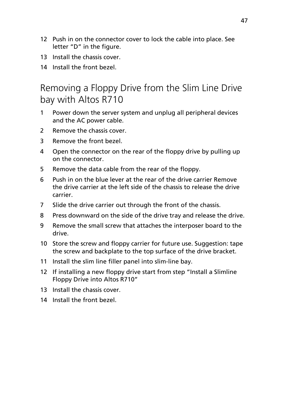 Removing a floppy drive from the slim line drive | Acer Altos R710 User Manual | Page 59 / 214