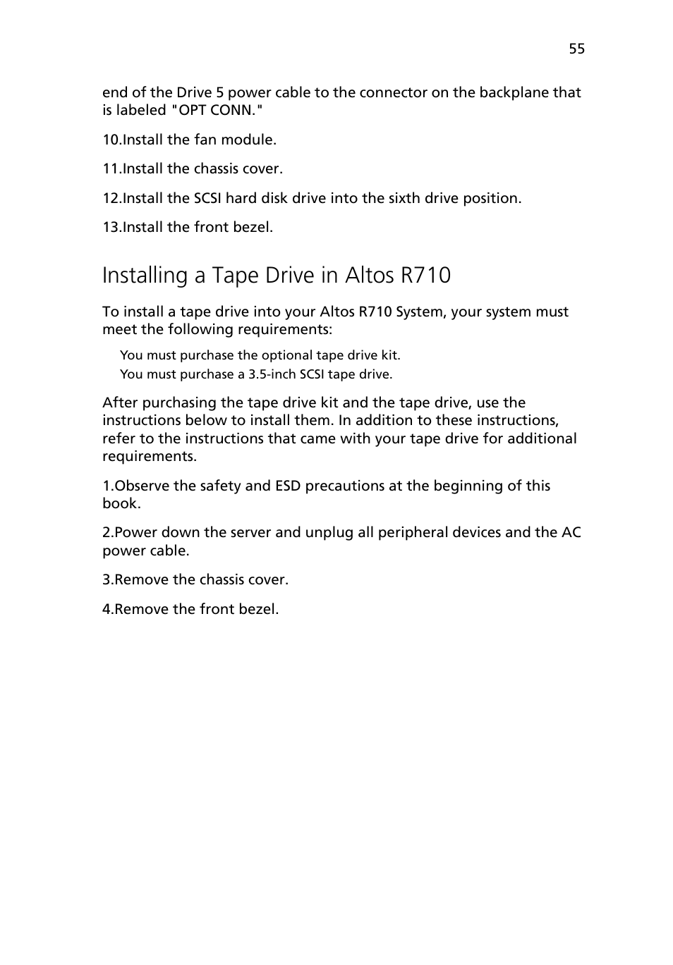 Installing a tape drive in altos r710 | Acer Altos R710 User Manual | Page 67 / 214