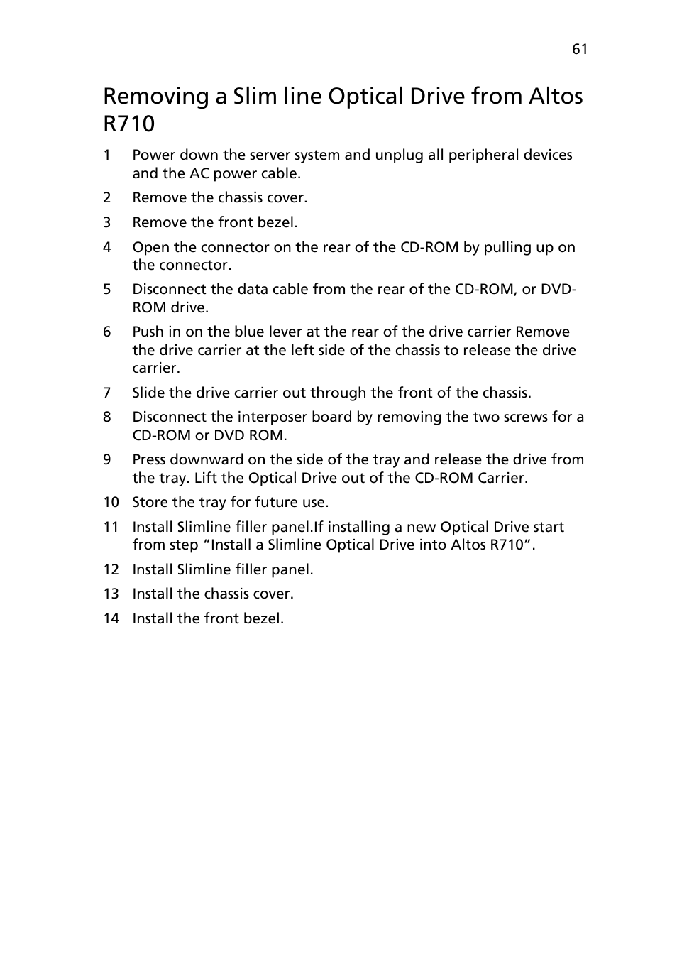 Removing a slim line optical drive from altos r710 | Acer Altos R710 User Manual | Page 73 / 214