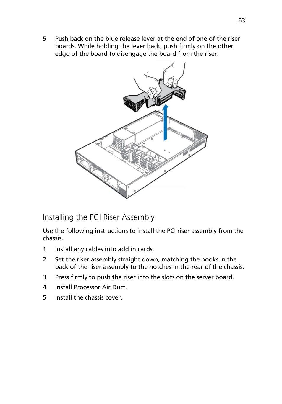 Installing the pci riser assembly | Acer Altos R710 User Manual | Page 75 / 214