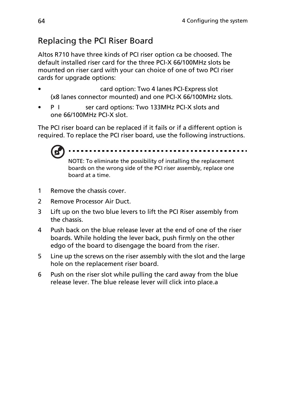 Replacing the pci riser board | Acer Altos R710 User Manual | Page 76 / 214