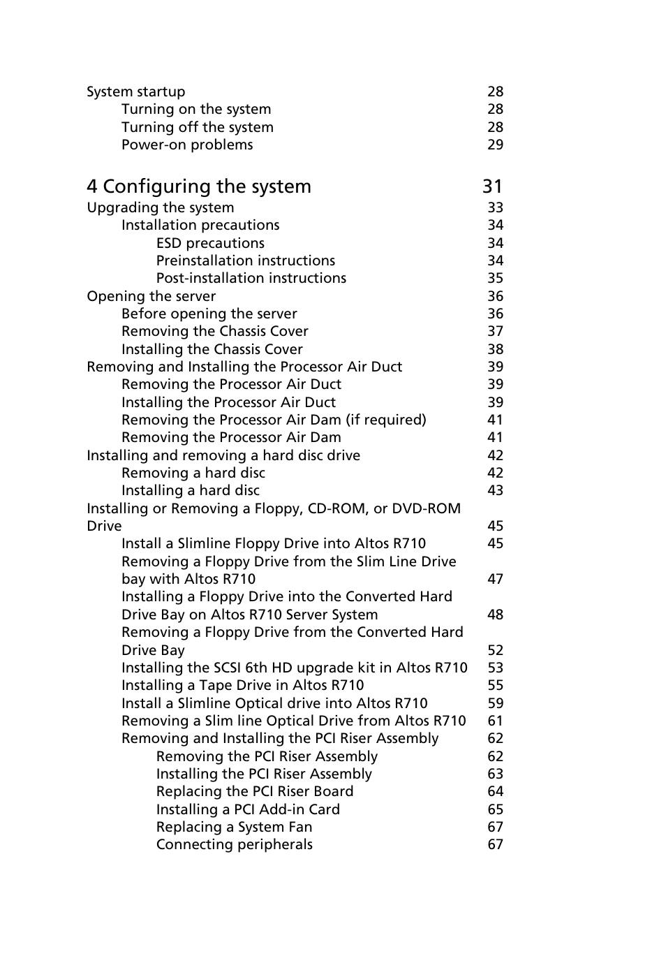 4 configuring the system 31 | Acer Altos R710 User Manual | Page 8 / 214
