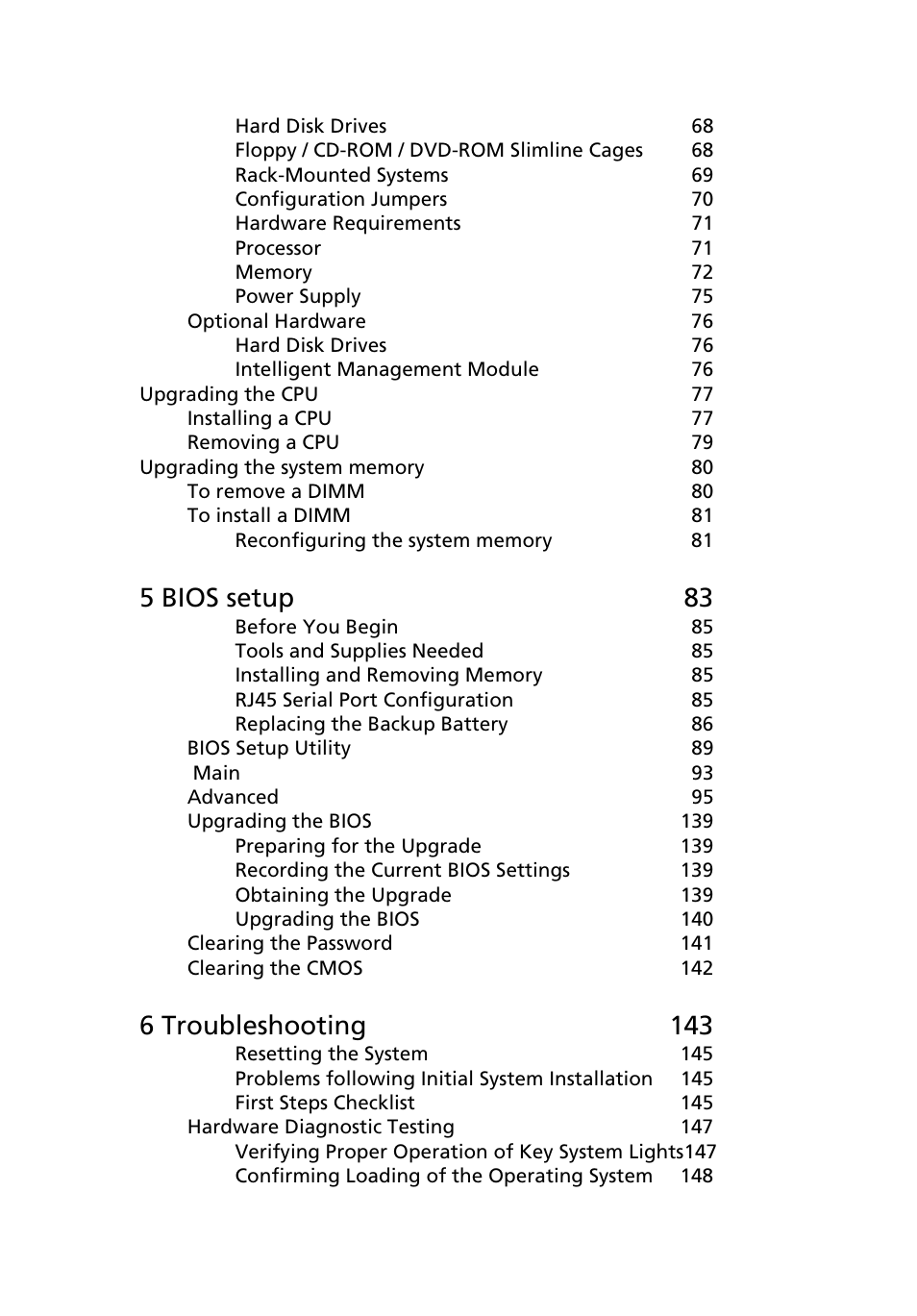 5 bios setup 83, 6 troubleshooting 143 | Acer Altos R710 User Manual | Page 9 / 214