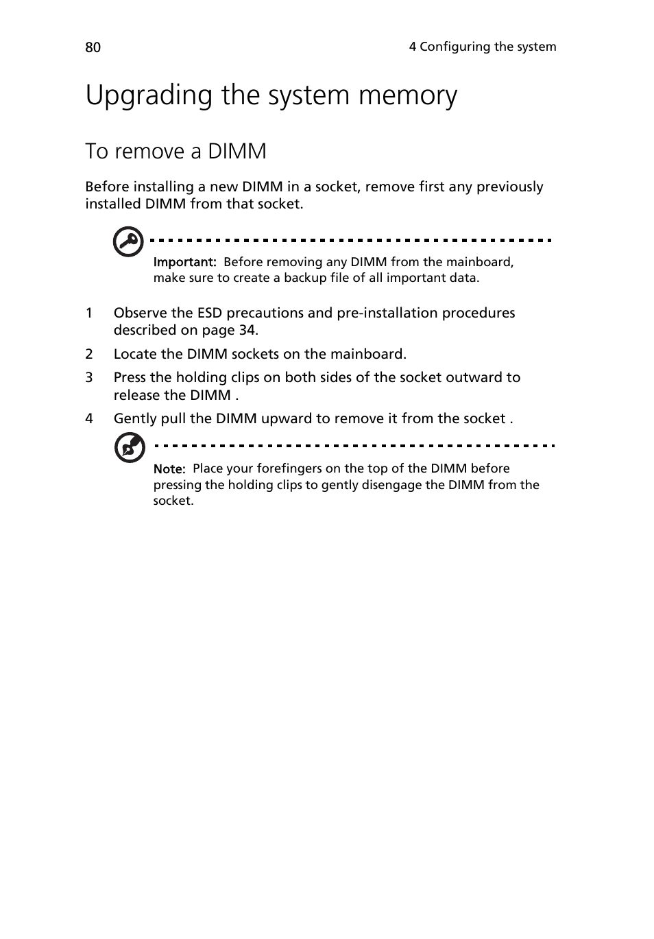 Upgrading the system memory, To remove a dimm | Acer Altos R710 User Manual | Page 92 / 214