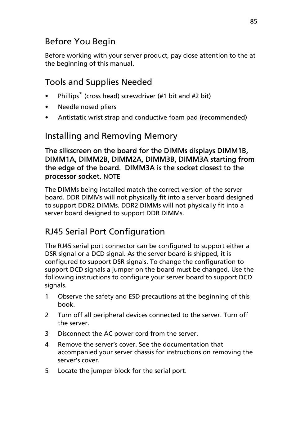 Before you begin, Tools and supplies needed, Installing and removing memory | Rj45 serial port configuration | Acer Altos R710 User Manual | Page 97 / 214