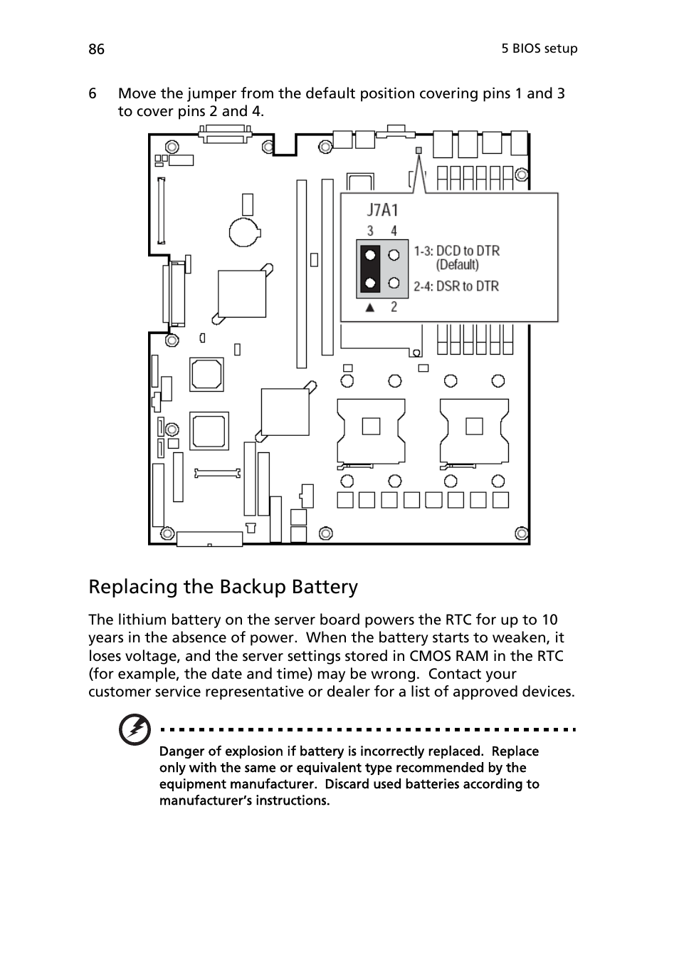 Replacing the backup battery | Acer Altos R710 User Manual | Page 98 / 214