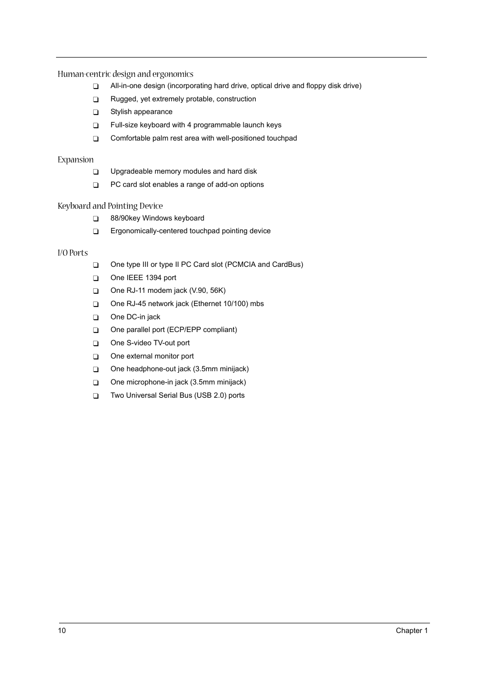 Human-centric design and ergonomics, Expansion, Keyboard and pointing device | I/o ports | Acer 1310 User Manual | Page 10 / 88
