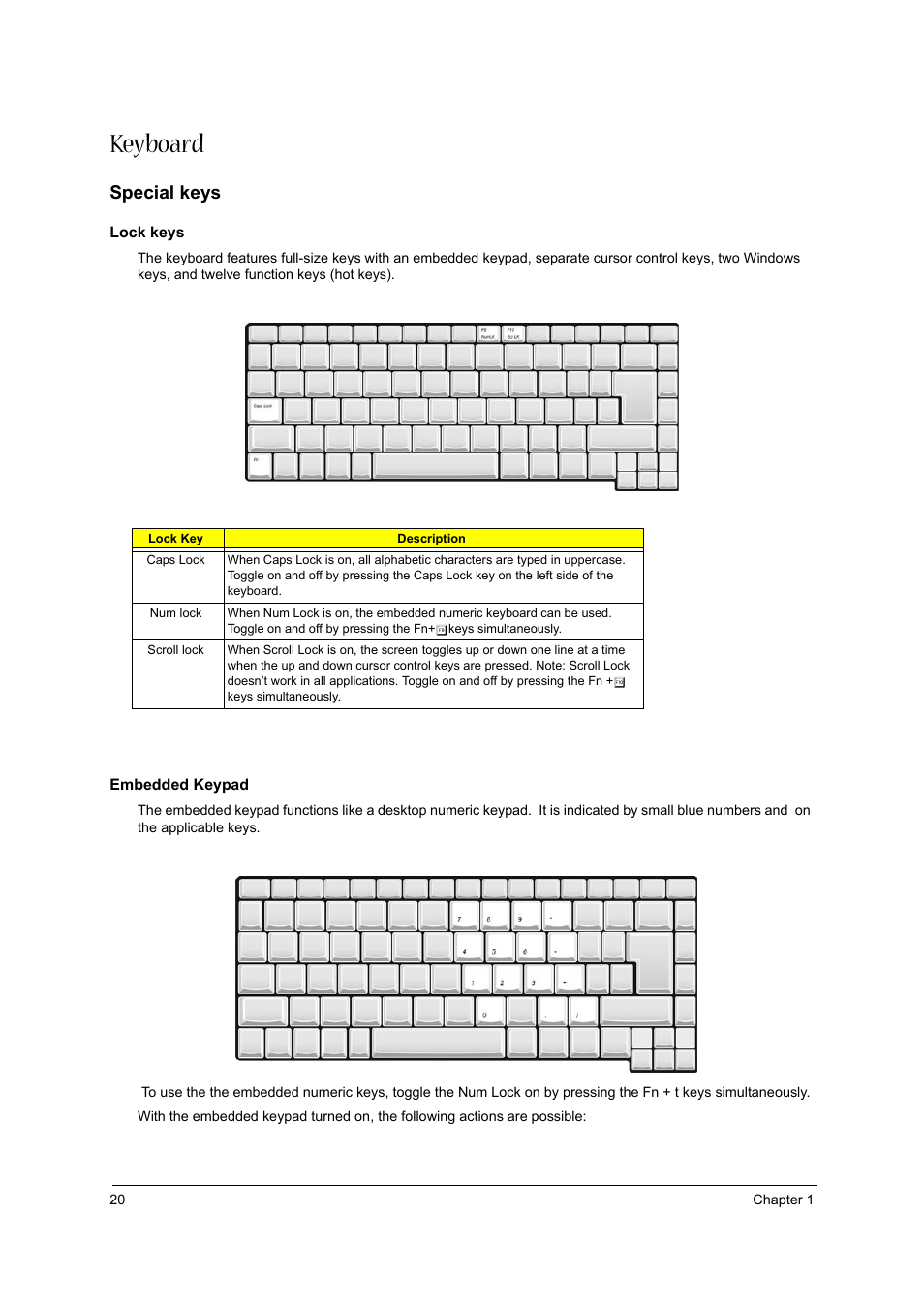 Keyboard, Special keys | Acer 1310 User Manual | Page 20 / 88