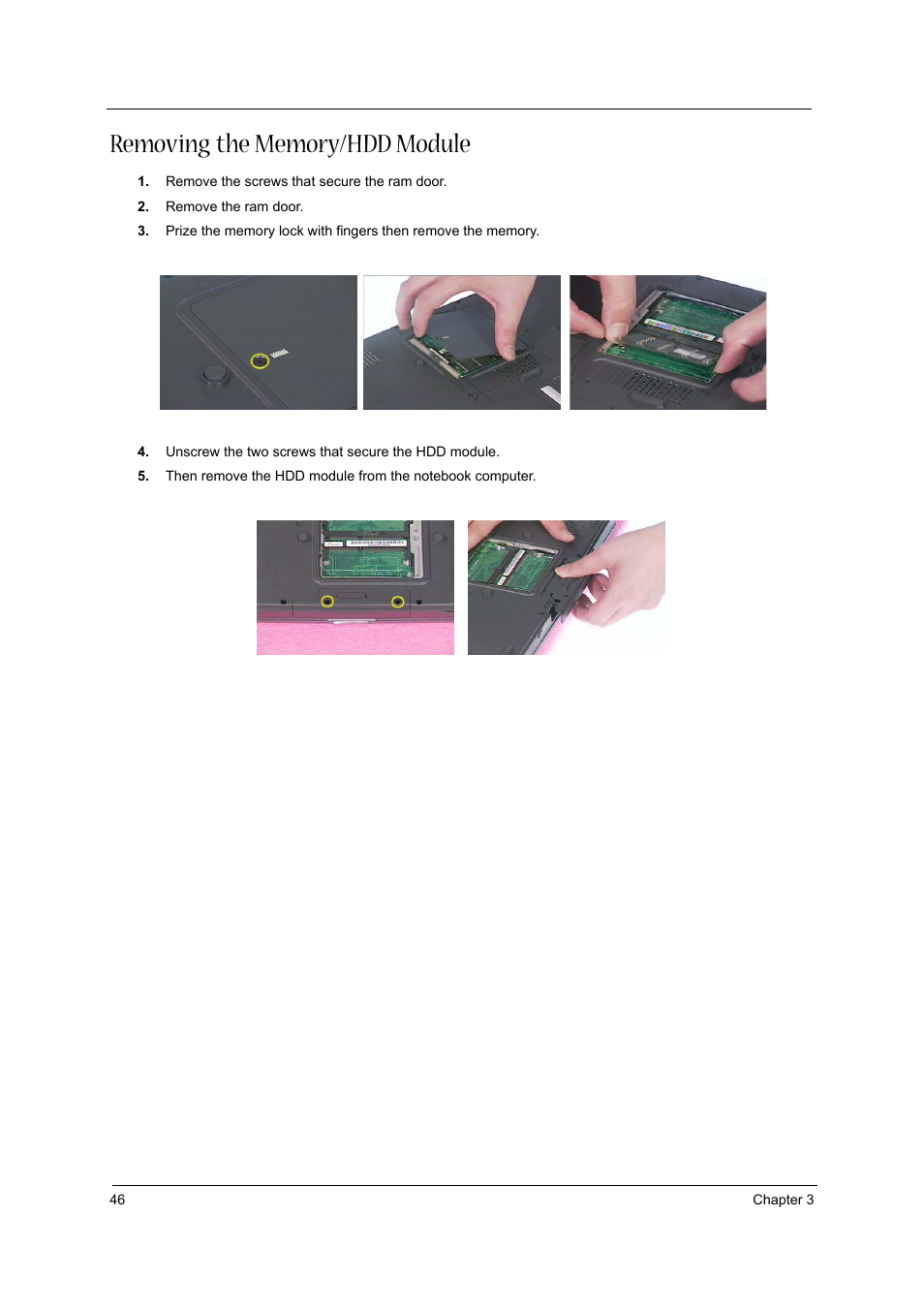 Removing the memory/hdd module | Acer 1310 User Manual | Page 44 / 88