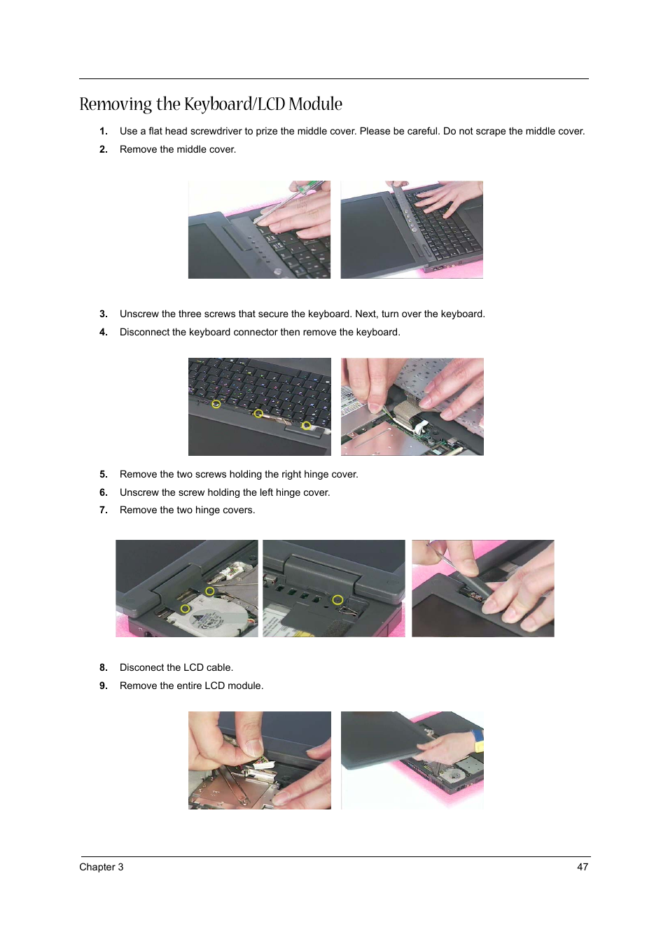 Removing the keyboard/lcd module | Acer 1310 User Manual | Page 45 / 88