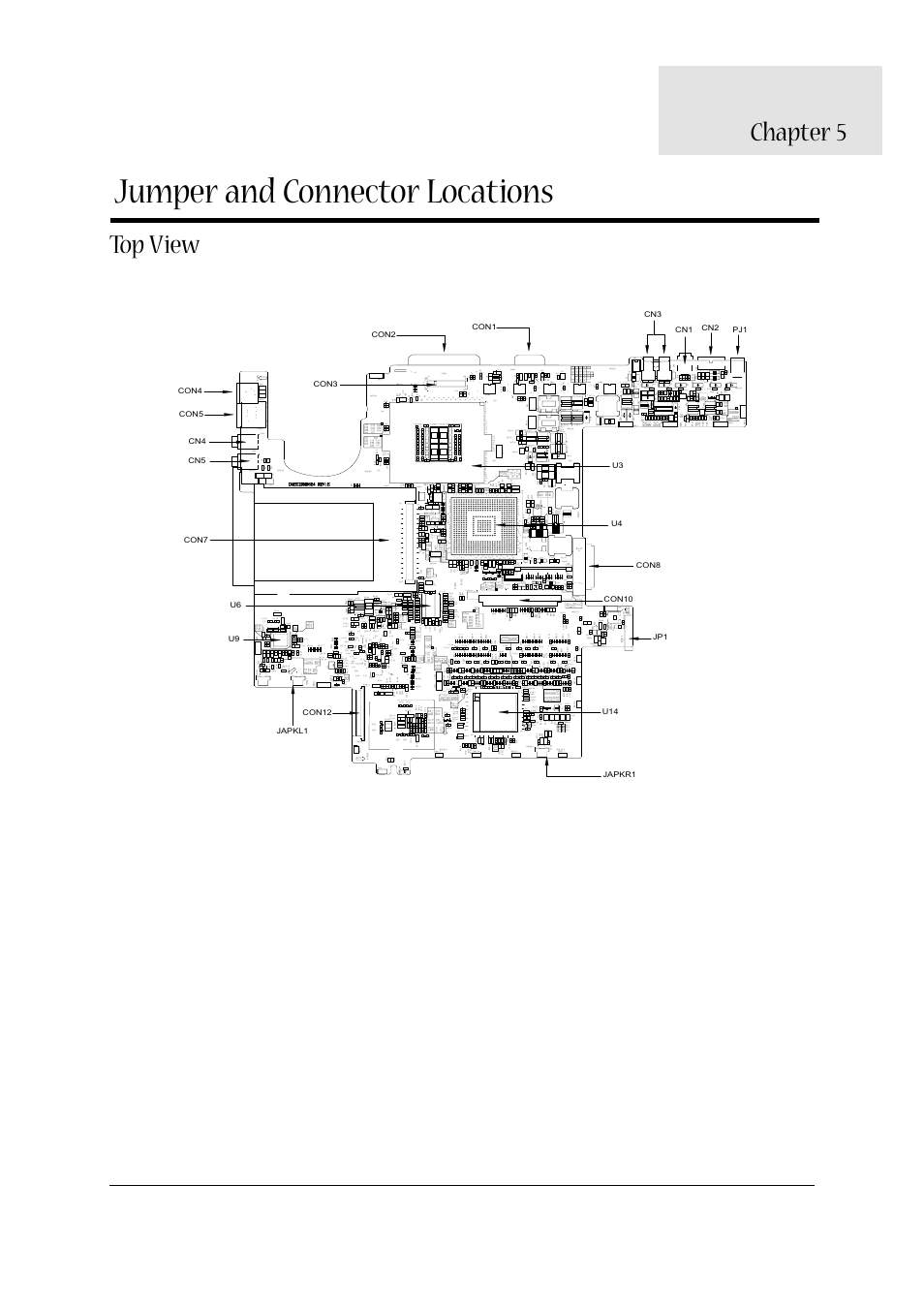 Ch.5 jumper and connector locations, Top view, Jumper and connector locations | Chapter 5 | Acer 1310 User Manual | Page 67 / 88