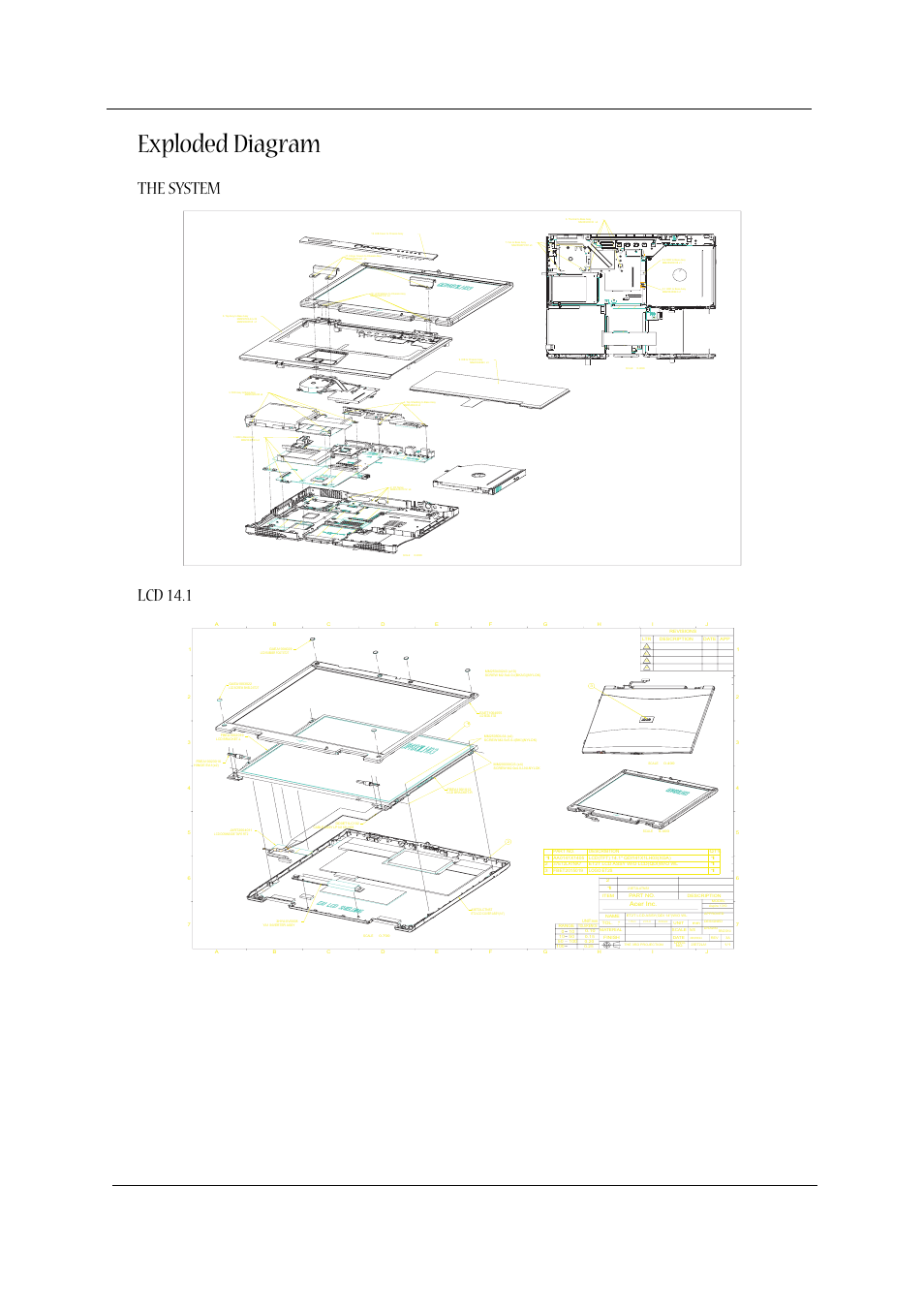 Exploded diagram, The system, Lcd 14.1 | The system lcd 14.1, 62 chapter 6 | Acer 1310 User Manual | Page 70 / 88