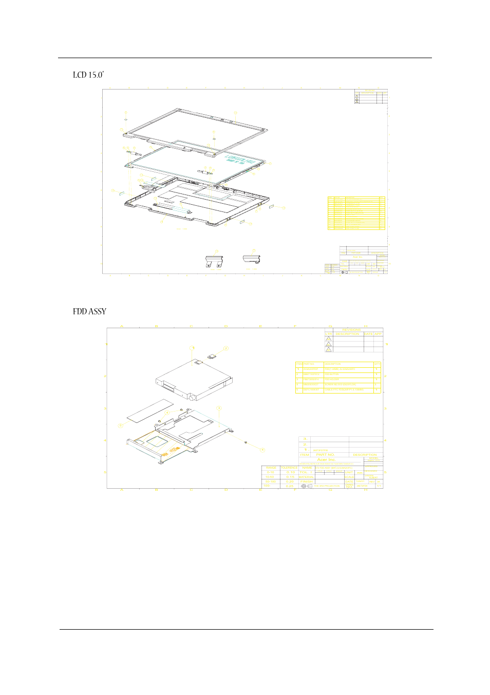 Lcd 15.0, Fdd assy, Lcd 15.0” fdd assy | Chapter 6 63, Angle 2 plc 1 plc, Et2t lcd assy w/o lcd(sha 15")w/o wl, Acer inc | Acer 1310 User Manual | Page 71 / 88