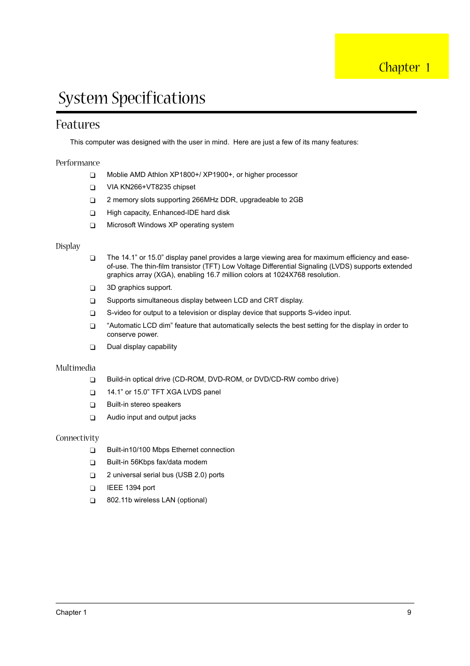Ch.1 system specifications, Features, System specifications | Chapter 1, Performance, Display, Multimedia, Connectivity | Acer 1310 User Manual | Page 9 / 88