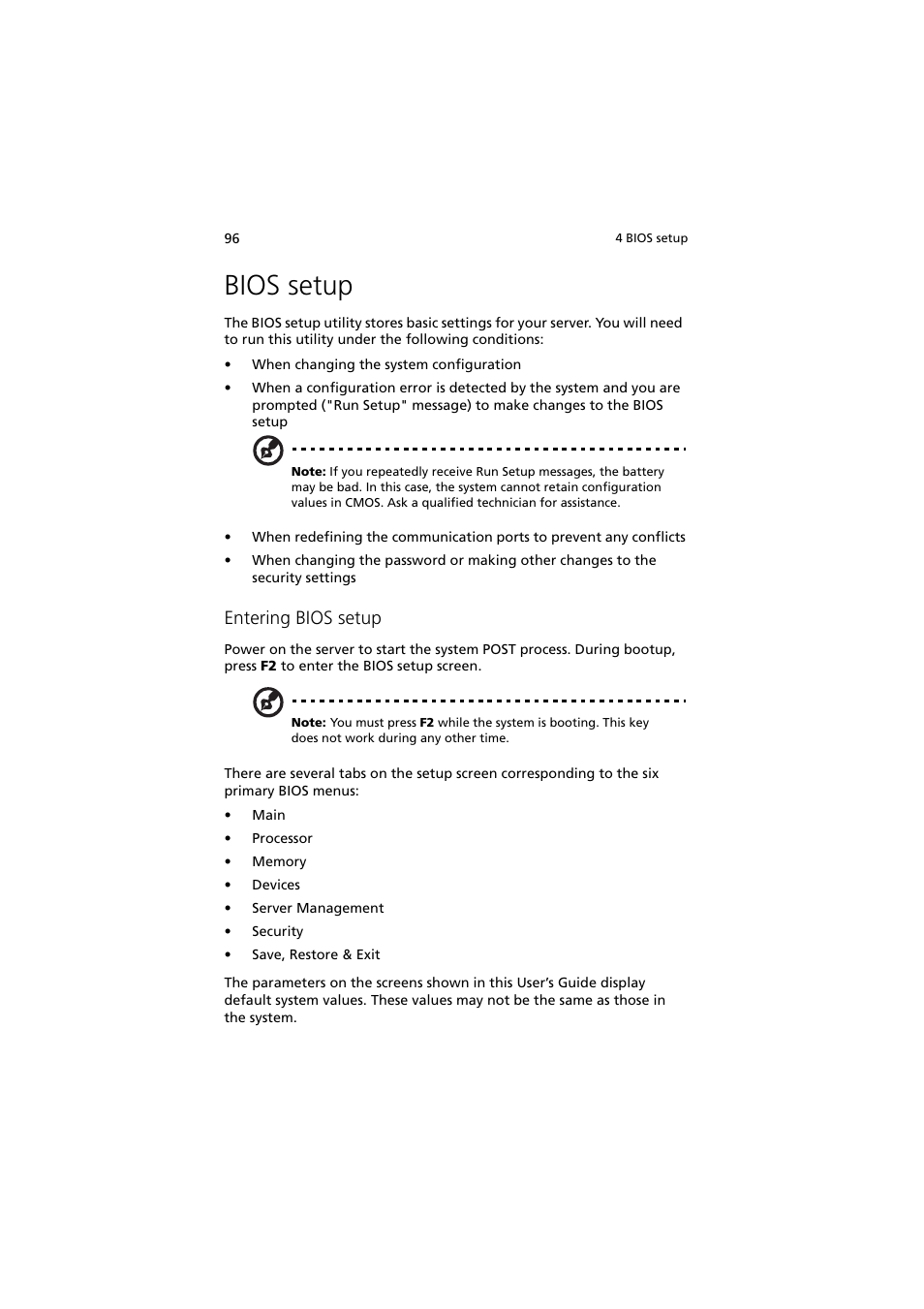 Bios setup, Entering bios setup | Acer Altos R910 User Manual | Page 106 / 192