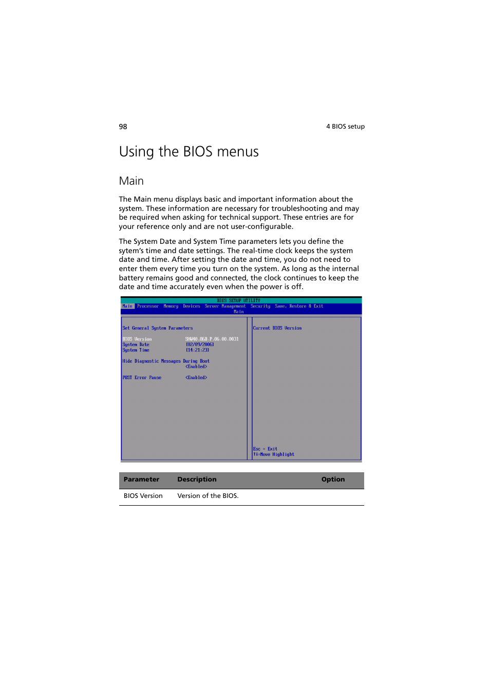 Using the bios menus, Main | Acer Altos R910 User Manual | Page 108 / 192