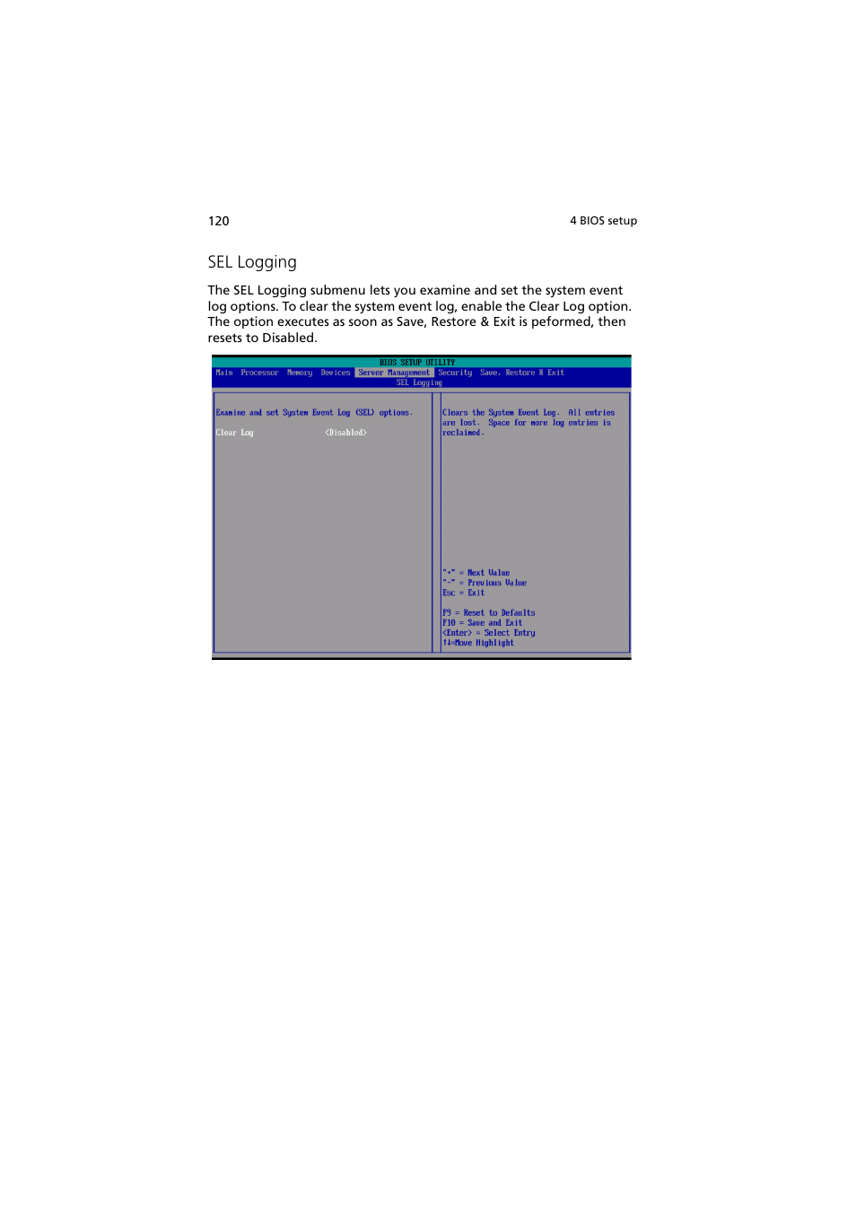 Sel logging | Acer Altos R910 User Manual | Page 130 / 192