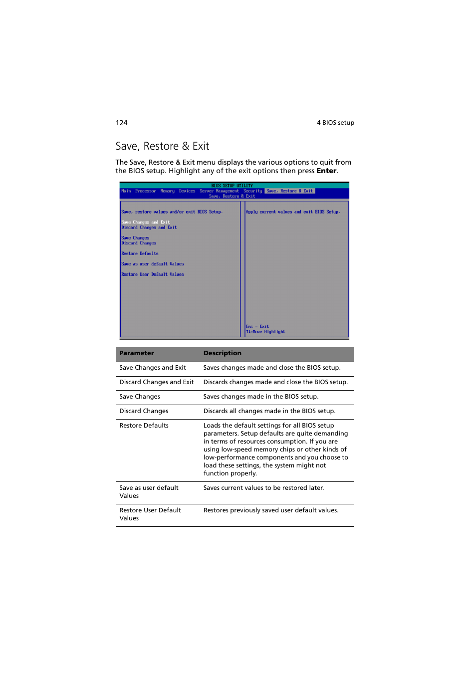 Save, restore & exit | Acer Altos R910 User Manual | Page 134 / 192