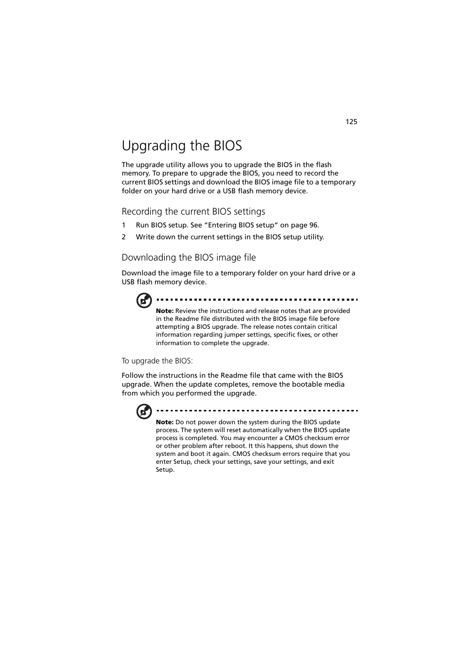 Upgrading the bios, Recording the current bios settings, Downloading the bios image file | Acer Altos R910 User Manual | Page 135 / 192