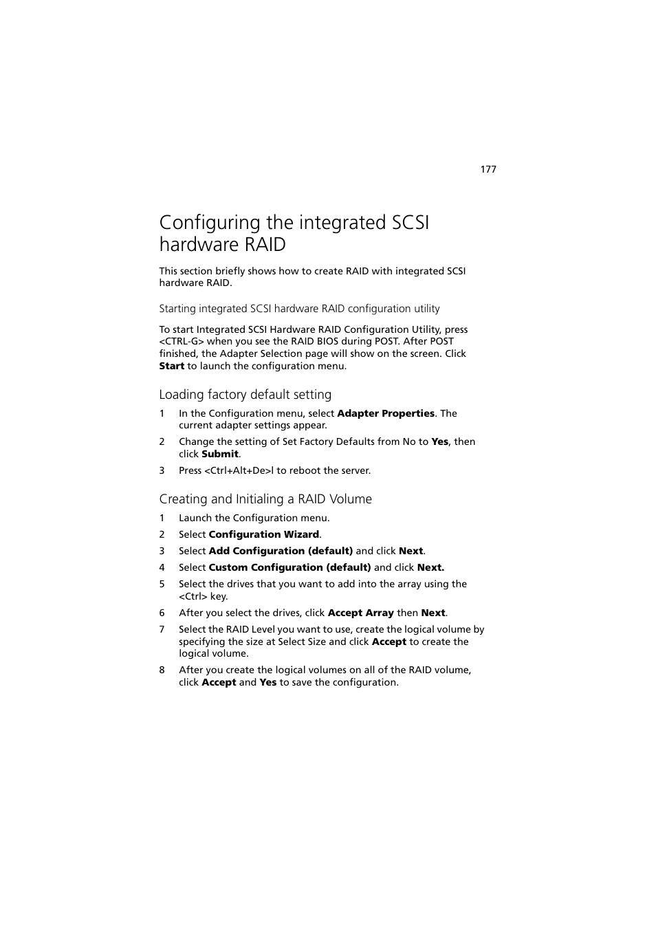 Configuring the integrated scsi hardware raid, Loading factory default setting, Creating and initialing a raid volume | Acer Altos R910 User Manual | Page 187 / 192