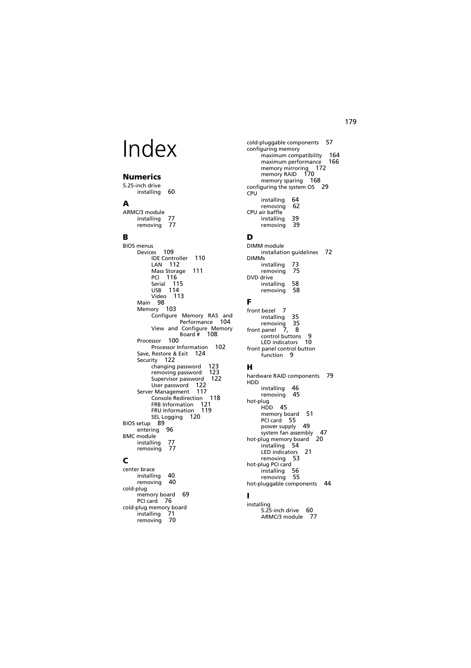 Index, Index 179 | Acer Altos R910 User Manual | Page 189 / 192