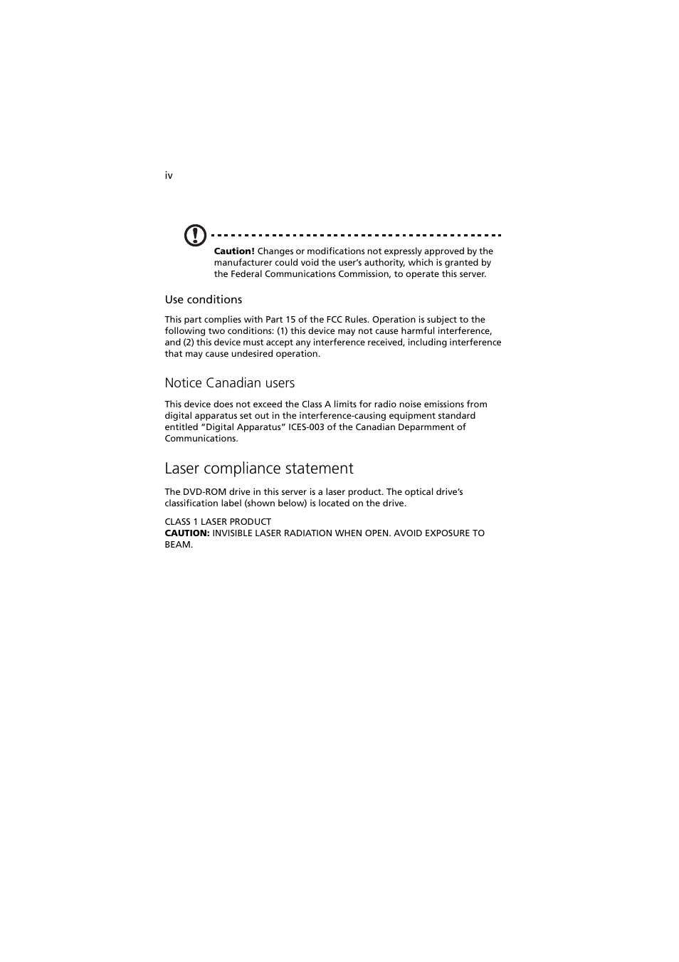 Laser compliance statement, Notice canadian users | Acer Altos R910 User Manual | Page 4 / 192