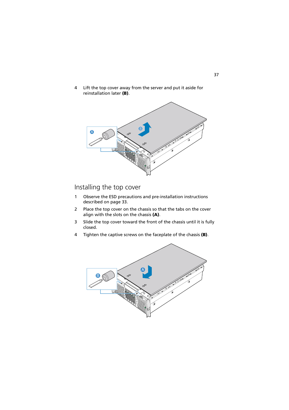 Installing the top cover | Acer Altos R910 User Manual | Page 47 / 192