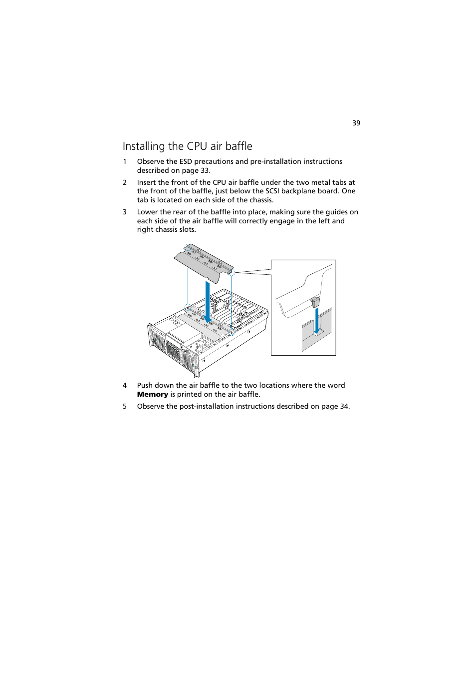 Installing the cpu air baffle | Acer Altos R910 User Manual | Page 49 / 192