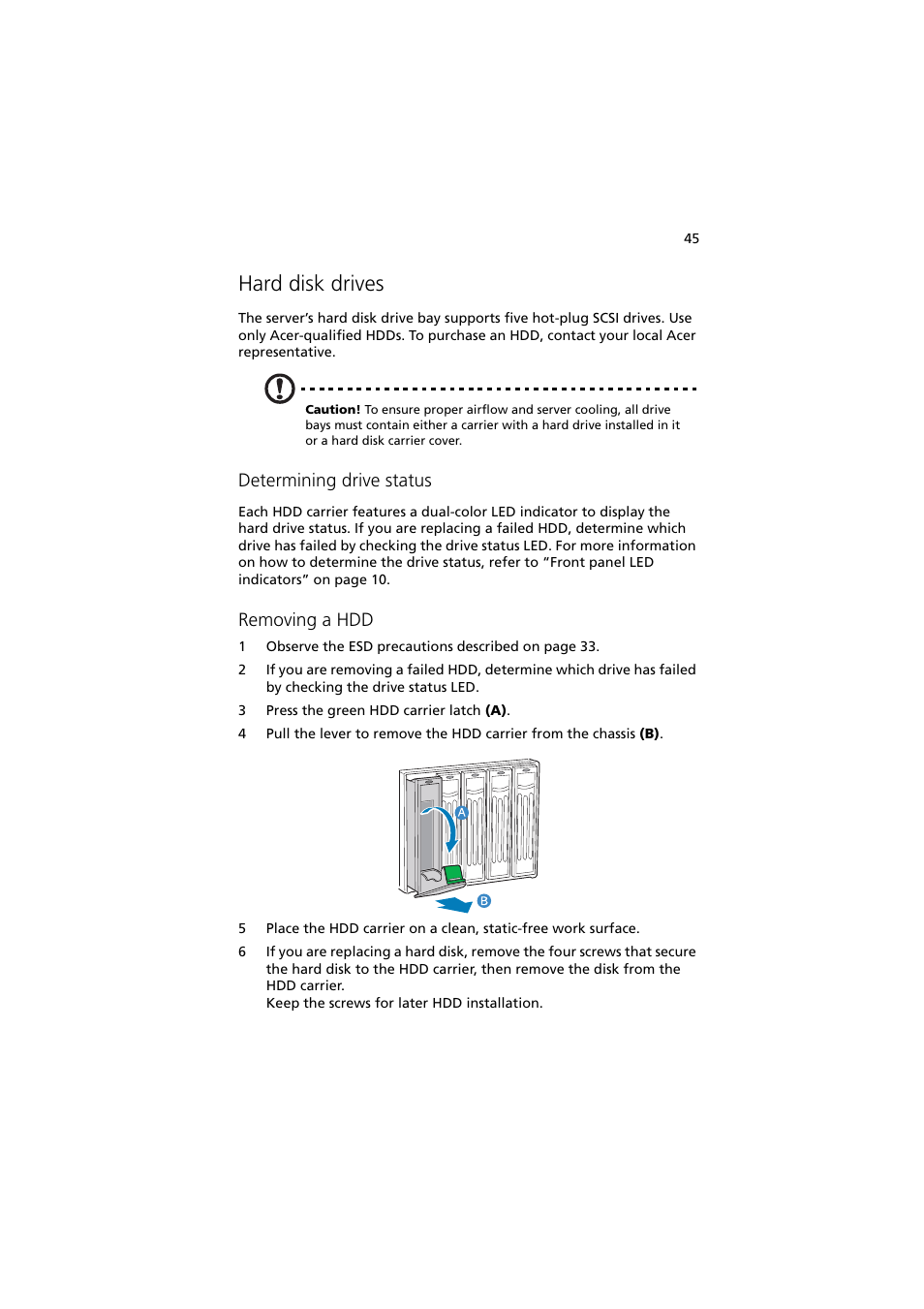 Hard disk drives, Determining drive status, Removing a hdd | Acer Altos R910 User Manual | Page 55 / 192