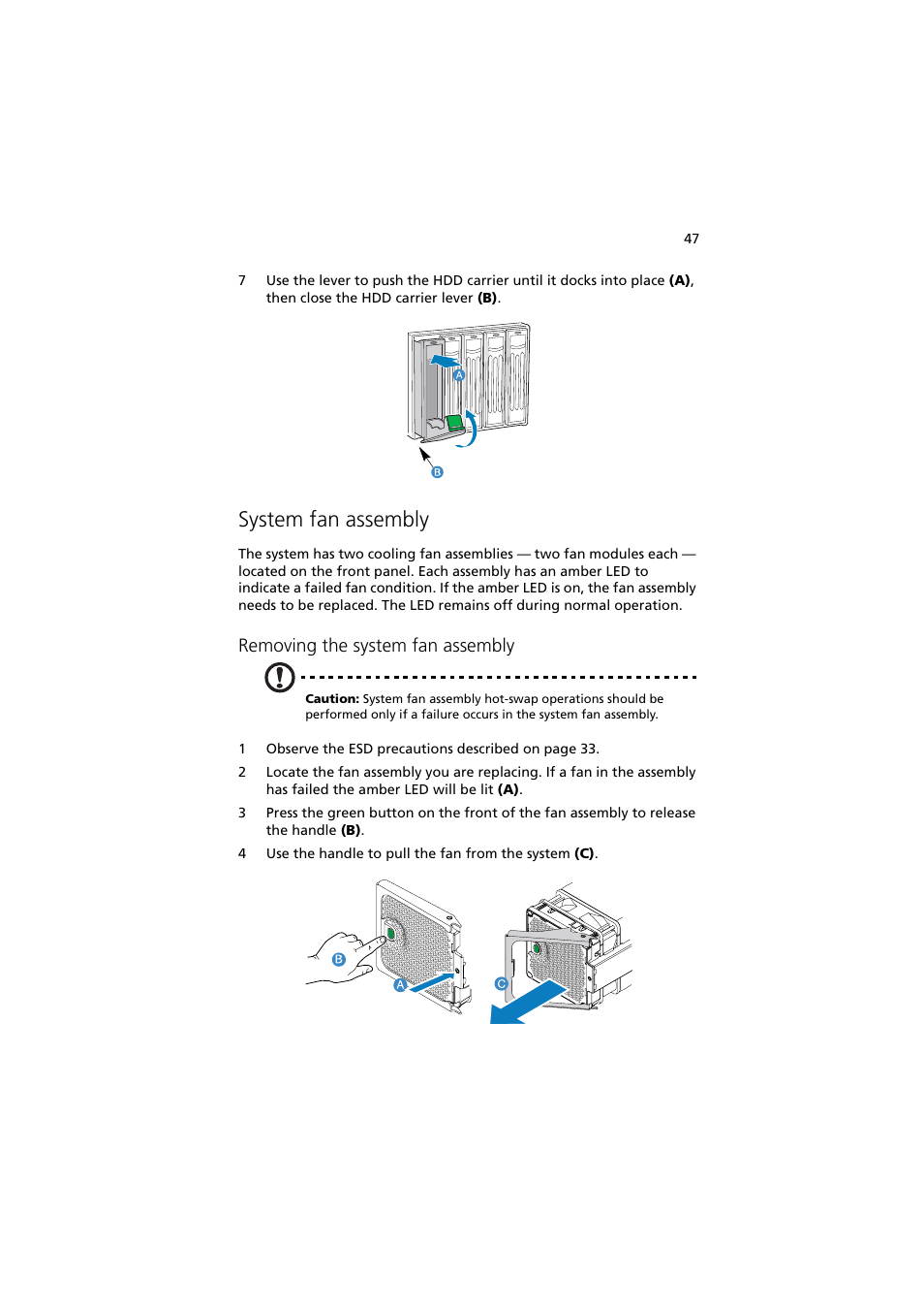 System fan assembly, Removing the system fan assembly | Acer Altos R910 User Manual | Page 57 / 192