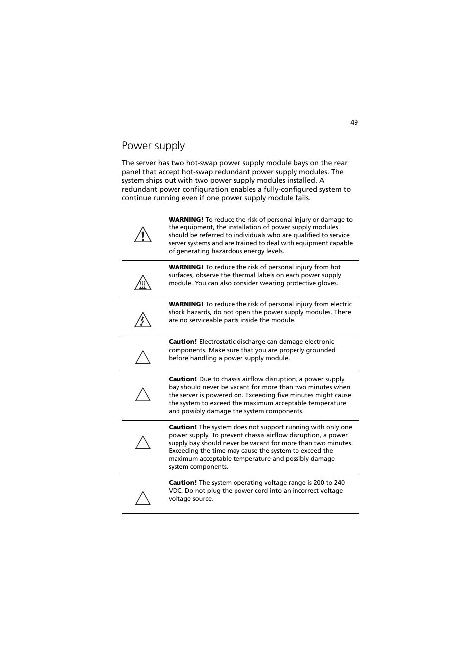 Power supply | Acer Altos R910 User Manual | Page 59 / 192