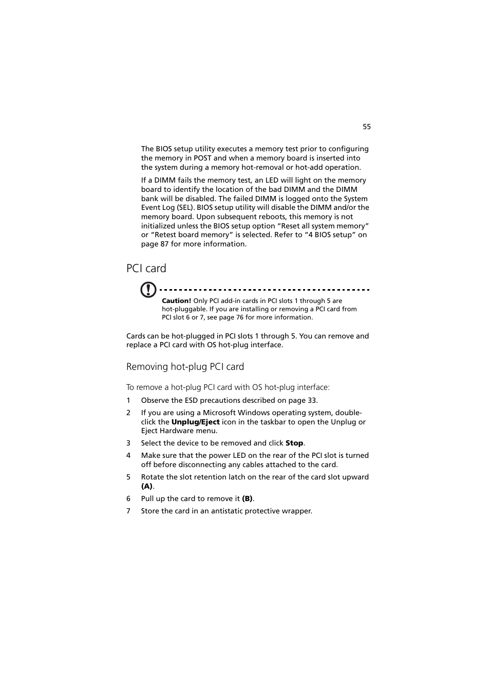 Pci card, Removing hot-plug pci card | Acer Altos R910 User Manual | Page 65 / 192