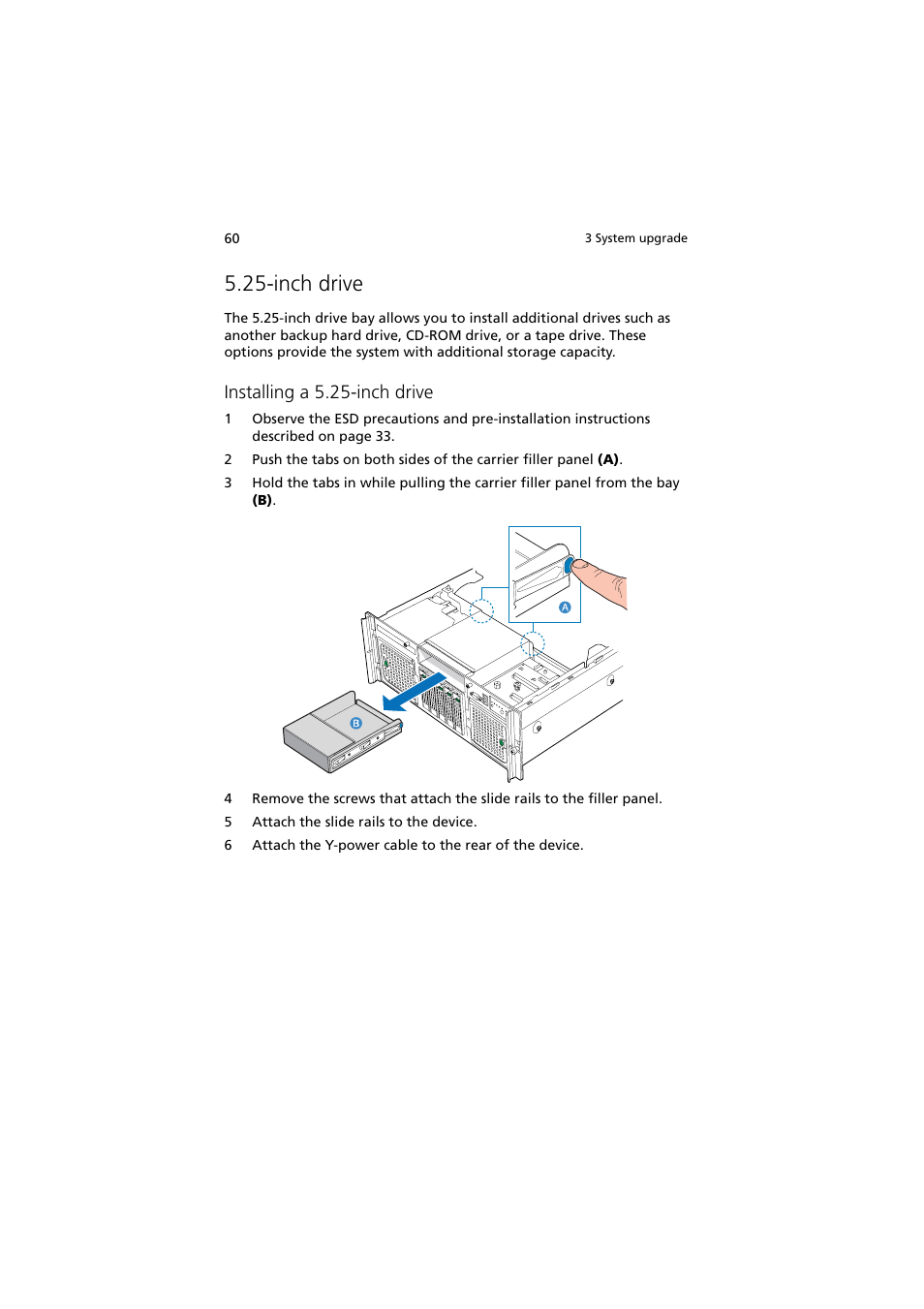 Inch drive, Installing a 5.25-inch drive | Acer Altos R910 User Manual | Page 70 / 192