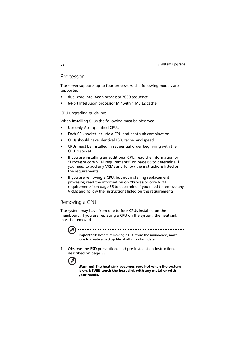 Processor, Removing a cpu | Acer Altos R910 User Manual | Page 72 / 192