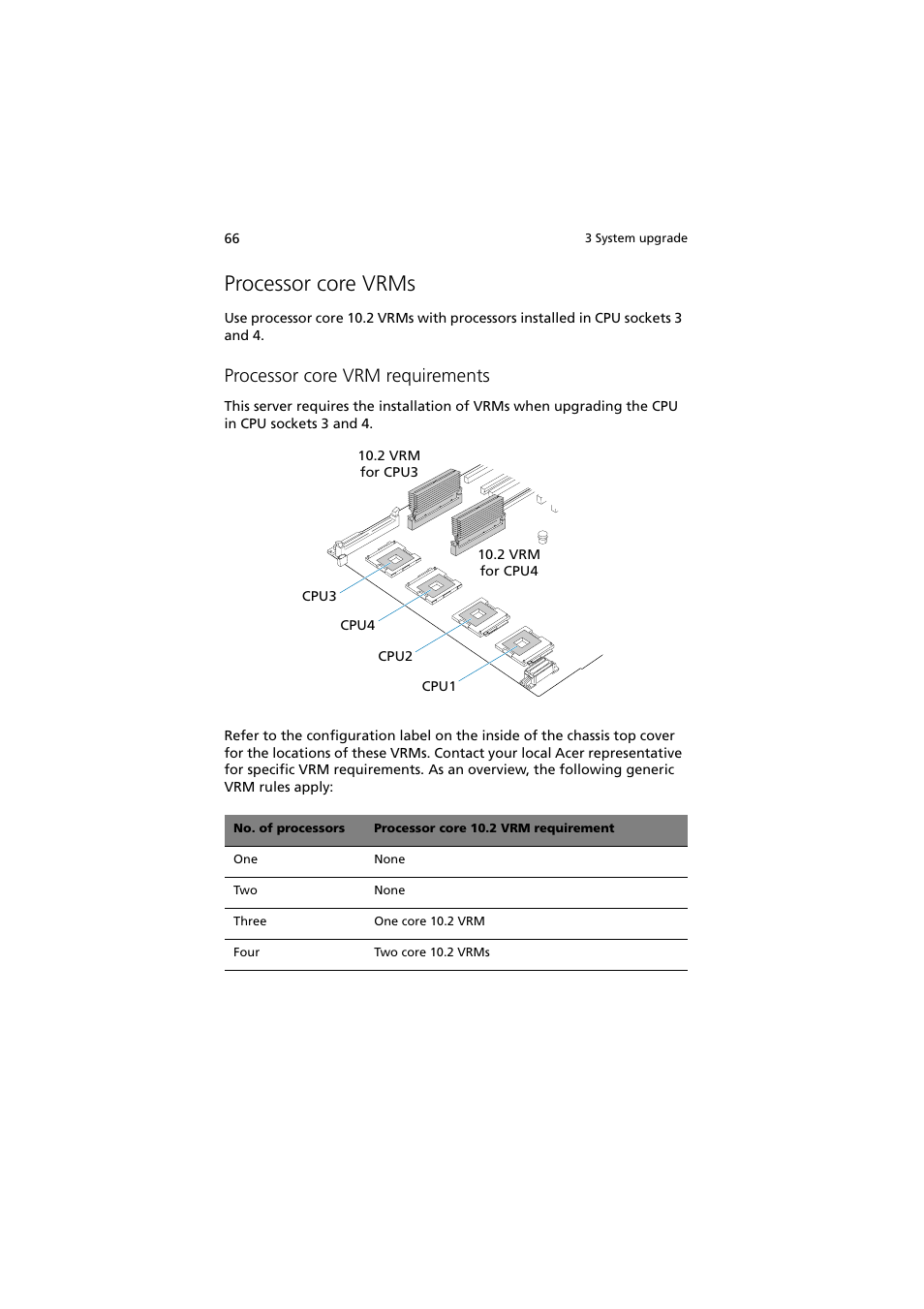 Processor core vrms, Processor core vrm requirements | Acer Altos R910 User Manual | Page 76 / 192