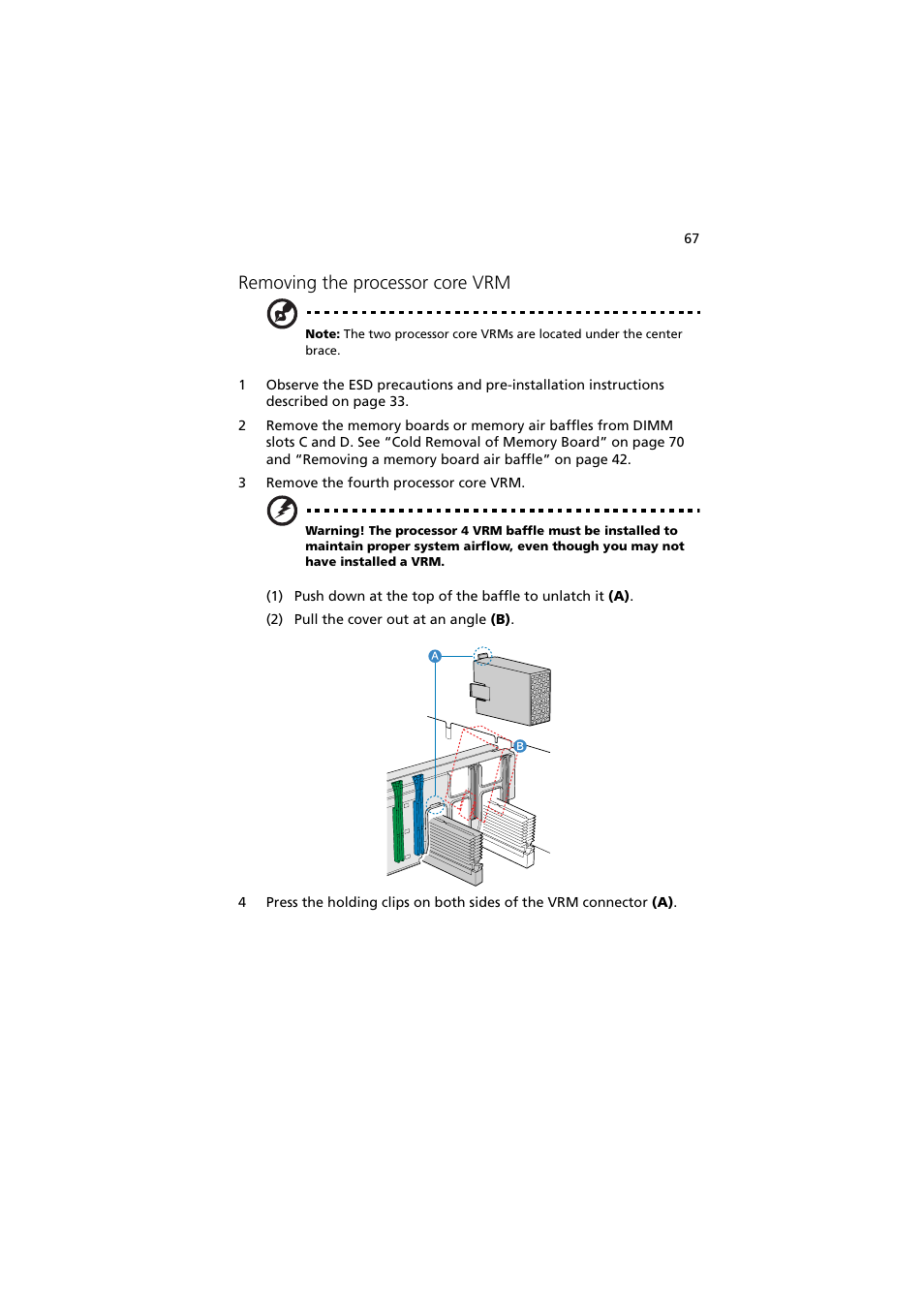 Removing the processor core vrm | Acer Altos R910 User Manual | Page 77 / 192