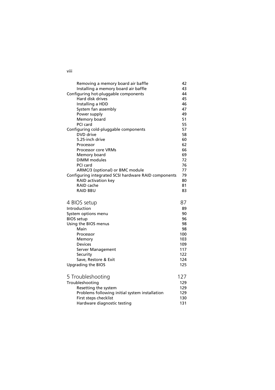 4 bios setup 87, 5 troubleshooting 127 | Acer Altos R910 User Manual | Page 8 / 192