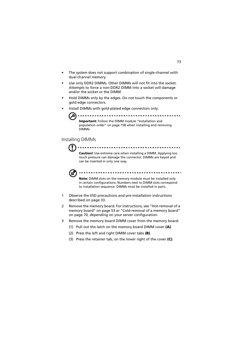 Installing dimms | Acer Altos R910 User Manual | Page 83 / 192