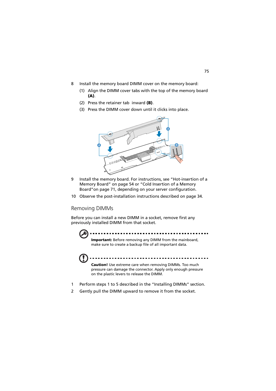 Removing dimms | Acer Altos R910 User Manual | Page 85 / 192