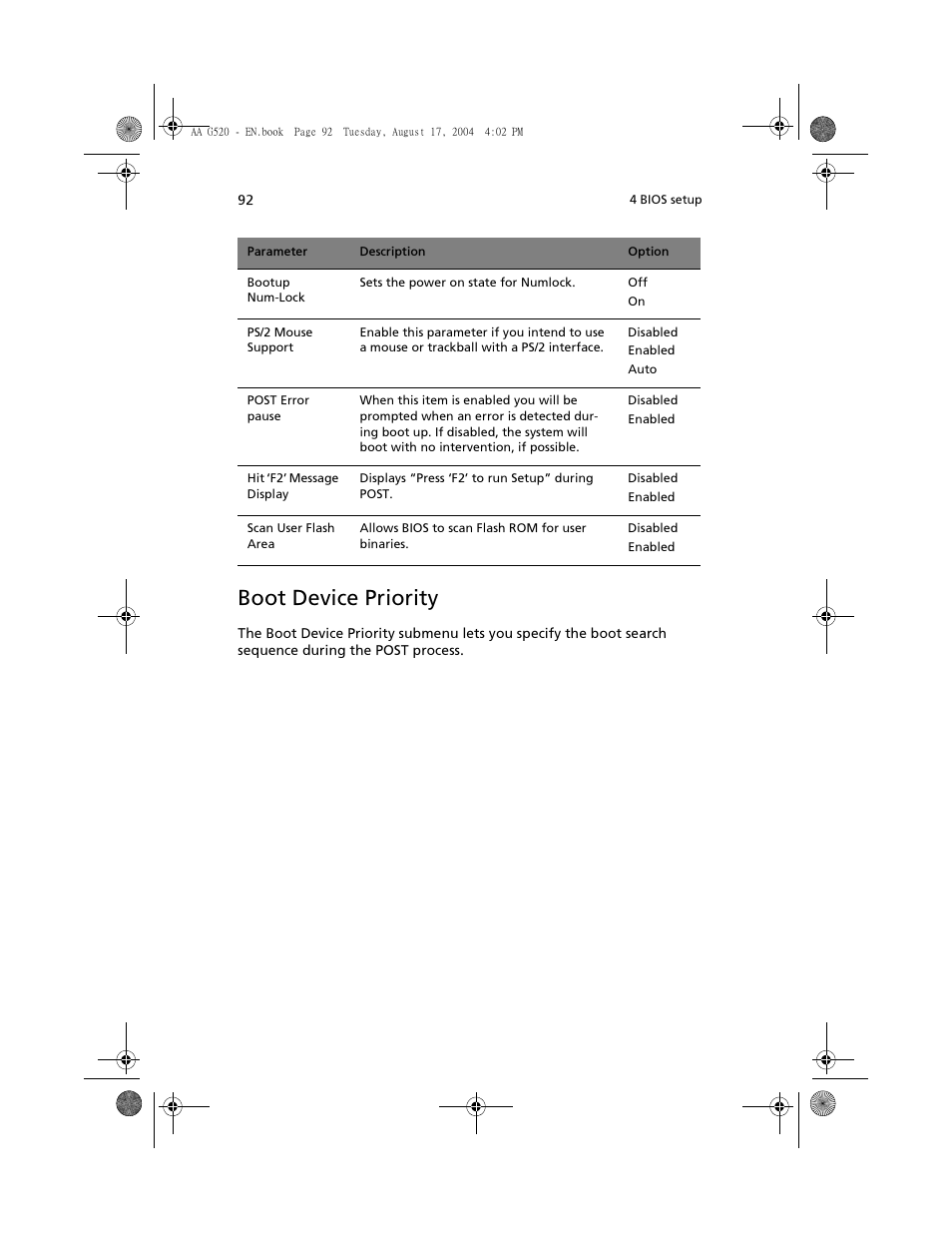 Boot device priority | Acer Altos G520 series User Manual | Page 102 / 186