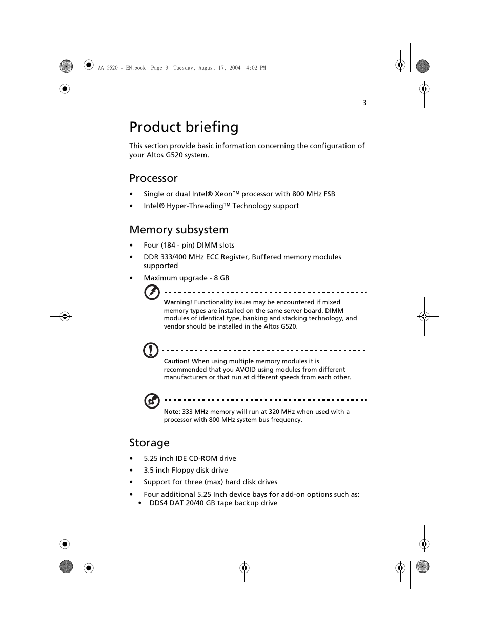 Product briefing, Processor, Memory subsystem | Storage | Acer Altos G520 series User Manual | Page 13 / 186