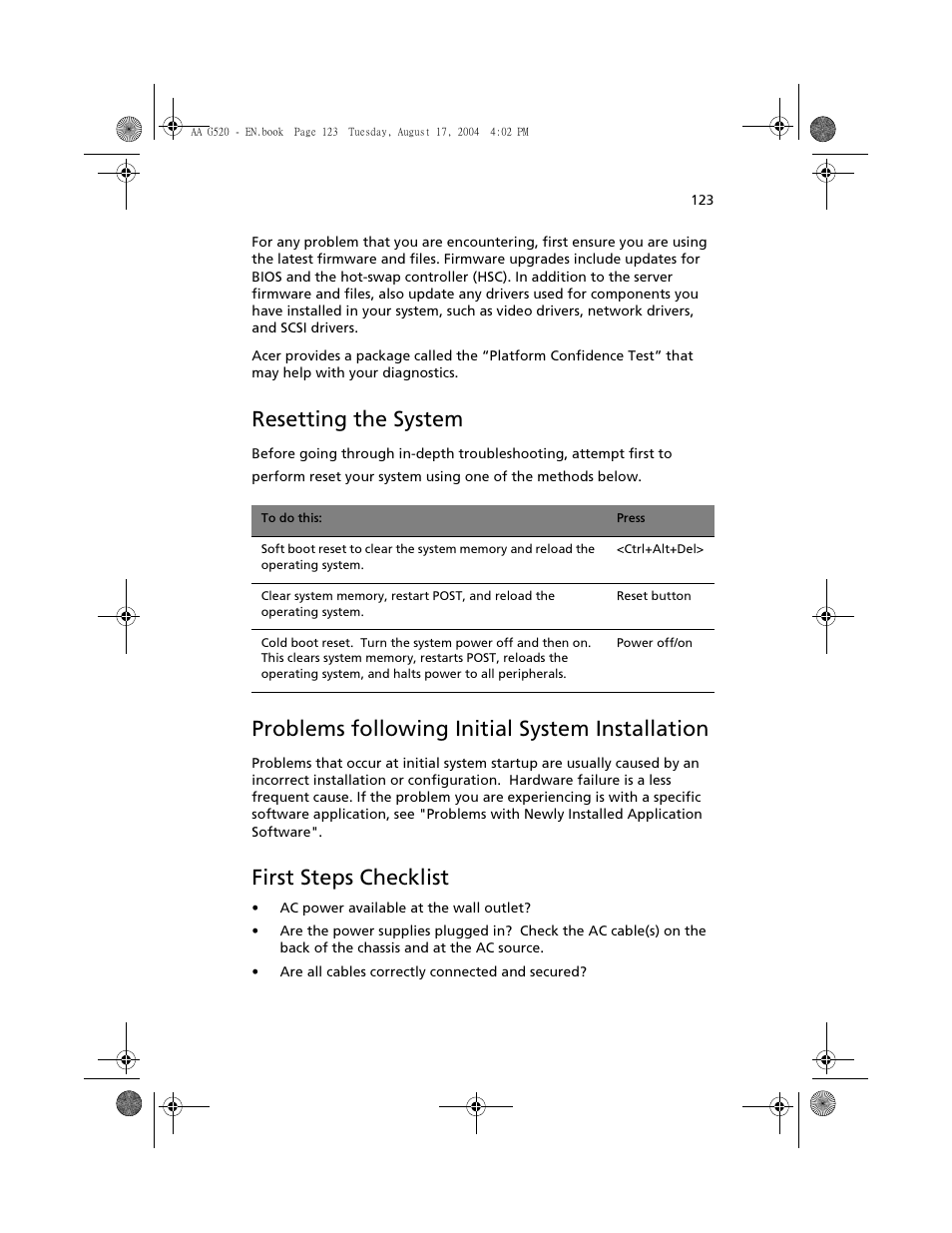 Resetting the system, Problems following initial system installation, First steps checklist | Acer Altos G520 series User Manual | Page 133 / 186