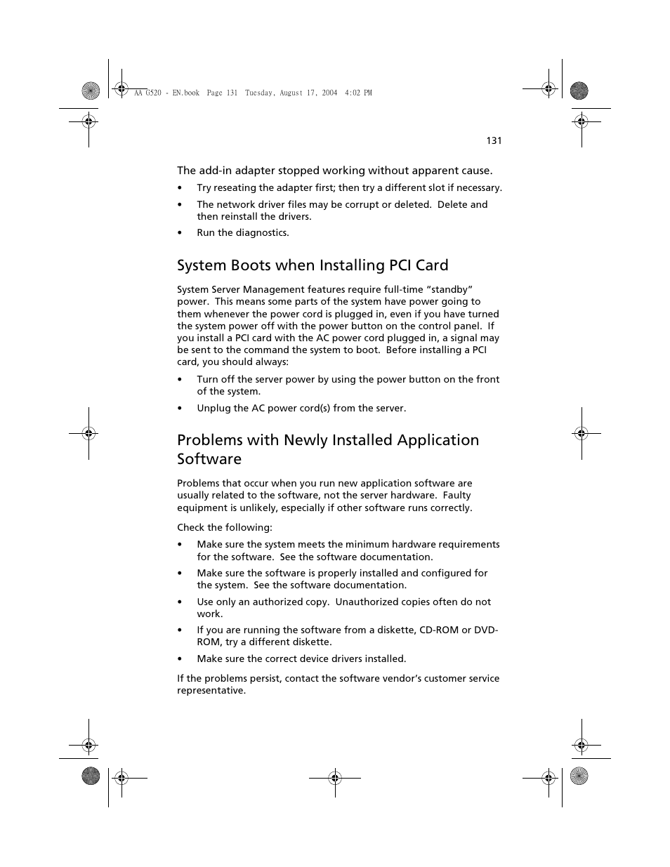 System boots when installing pci card, Problems with newly installed application software | Acer Altos G520 series User Manual | Page 141 / 186