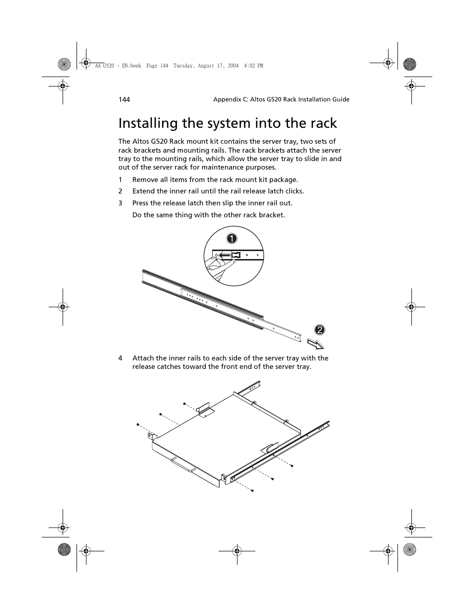 Installing the system into the rack | Acer Altos G520 series User Manual | Page 154 / 186