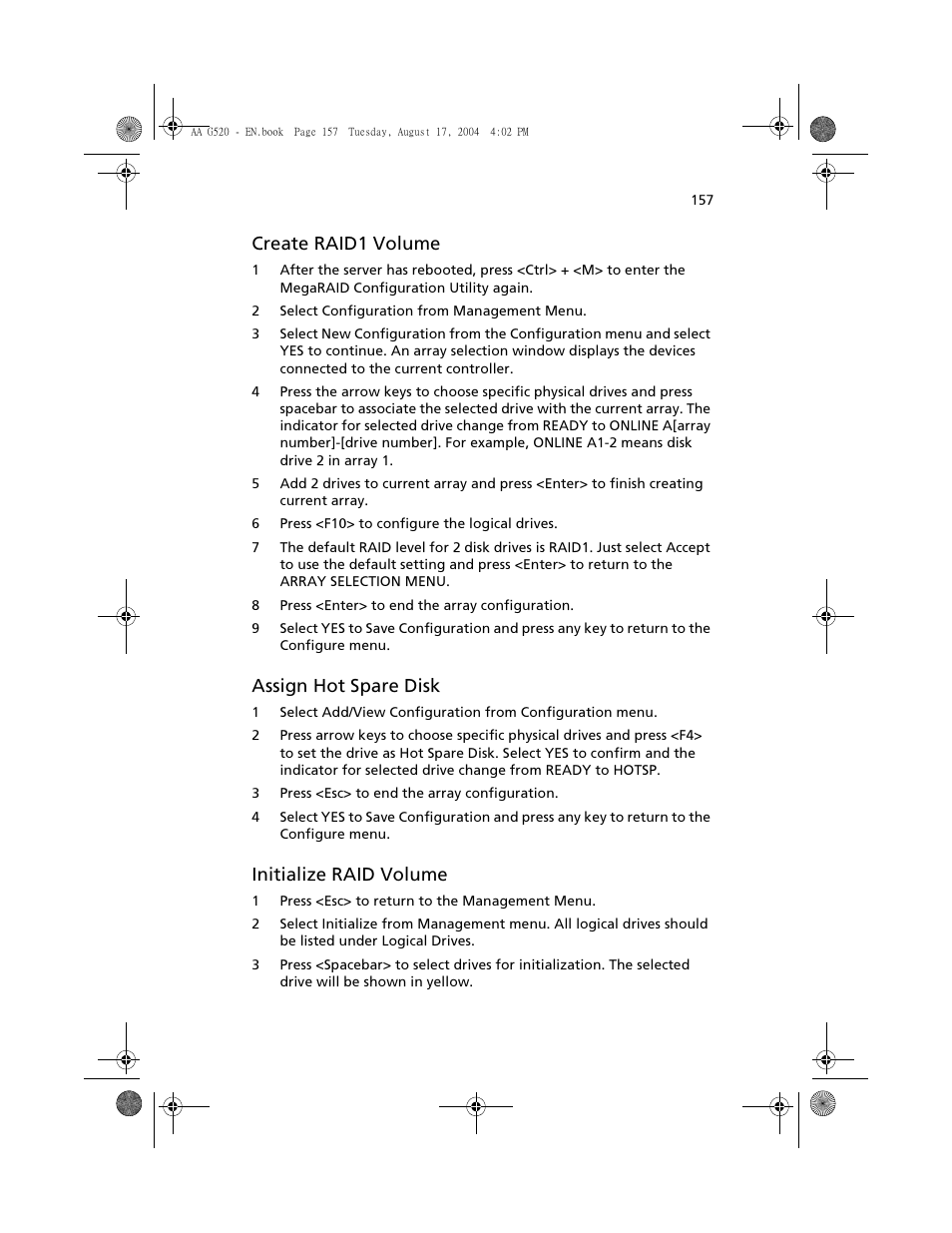 Create raid1 volume, Assign hot spare disk, Initialize raid volume | Acer Altos G520 series User Manual | Page 167 / 186