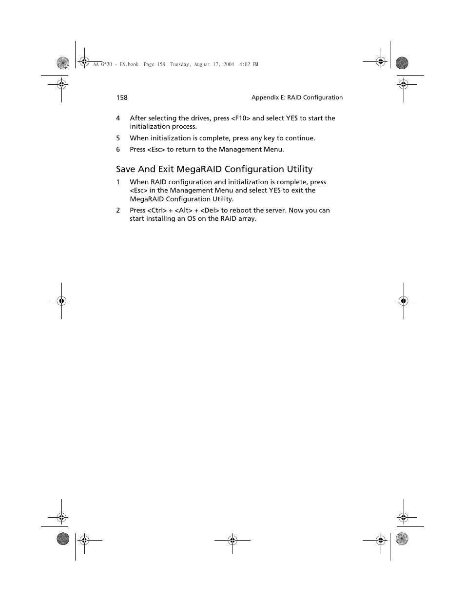 Save and exit megaraid configuration utility | Acer Altos G520 series User Manual | Page 168 / 186