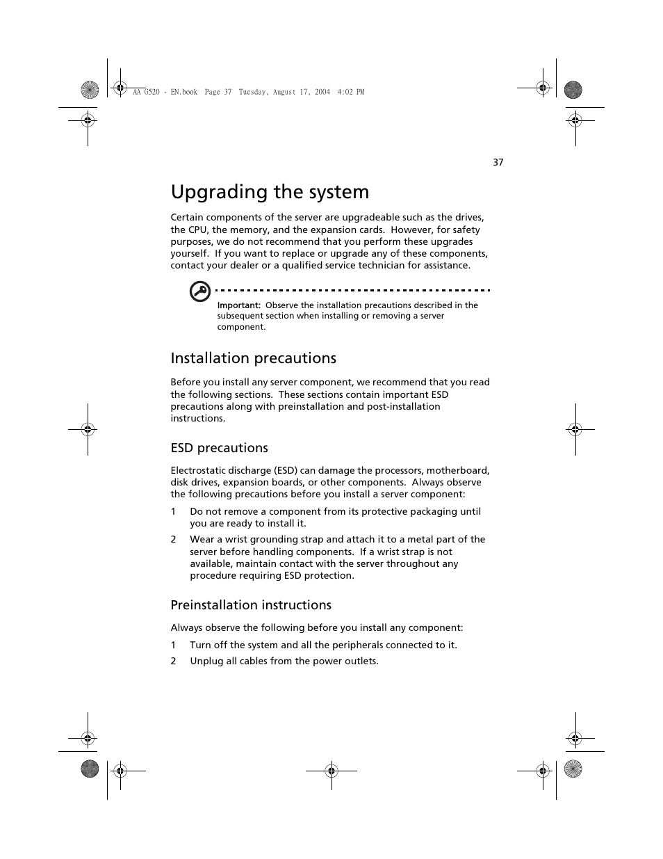 Upgrading the system, Installation precautions, Esd precautions | Preinstallation instructions | Acer Altos G520 series User Manual | Page 47 / 186