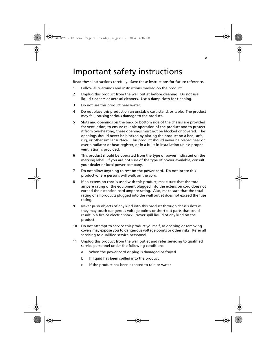 Important safety instructions | Acer Altos G520 series User Manual | Page 5 / 186