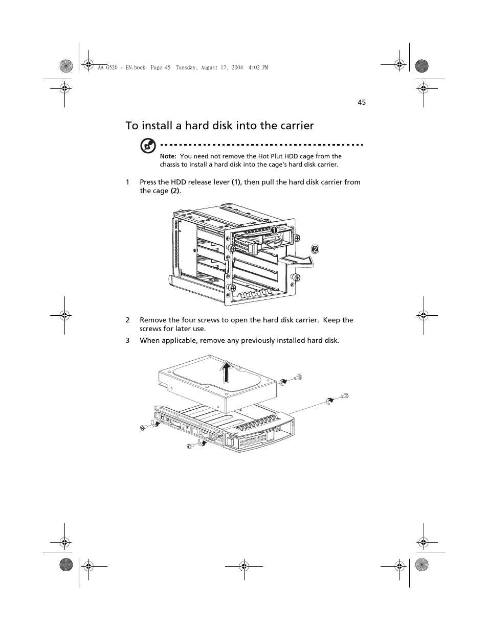 To install a hard disk into the carrier | Acer Altos G520 series User Manual | Page 55 / 186